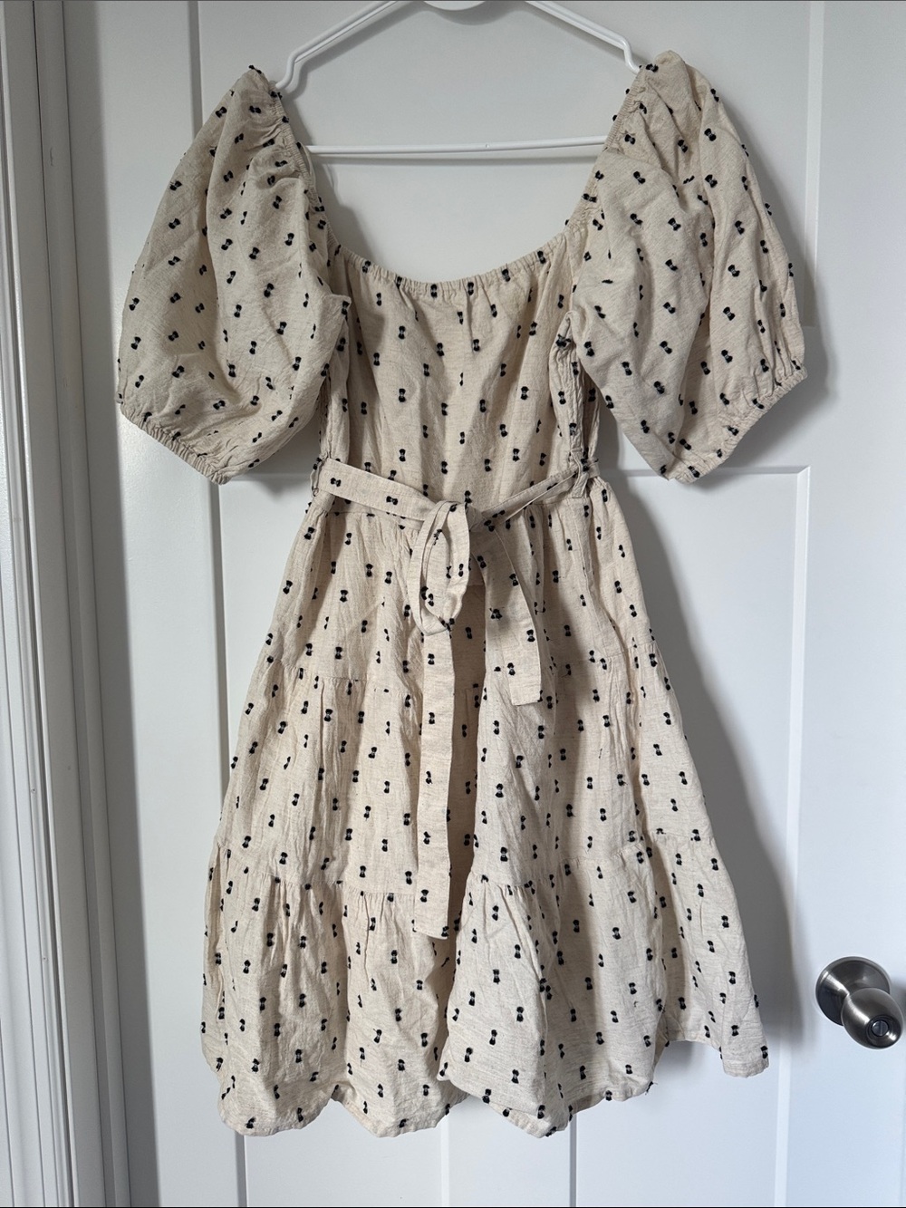 Cream Midi Dress with Black Dot Print and Puff Sleeves
